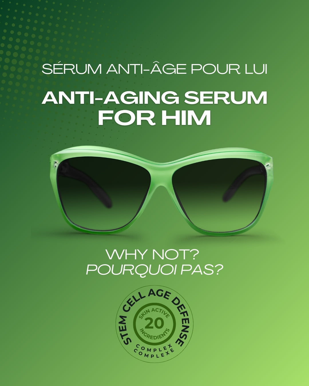 Green sunglasses on a green background with text about anti-aging serum for men.