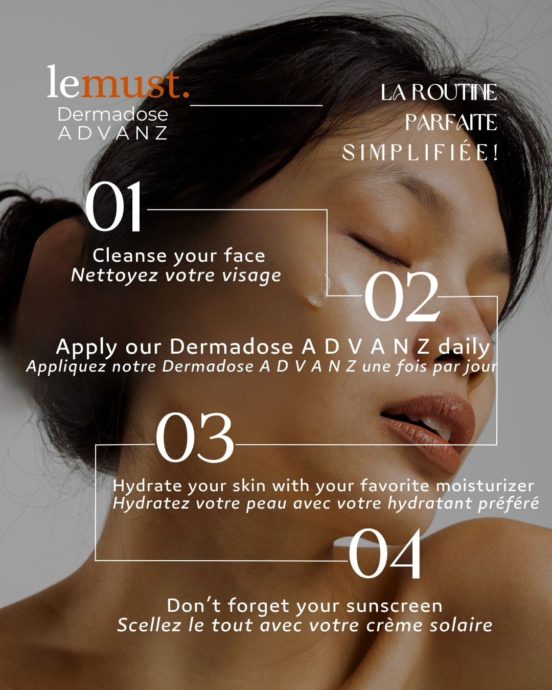 Advertisement for le must Dermadose ADVANZ skincare routine with a woman's face.