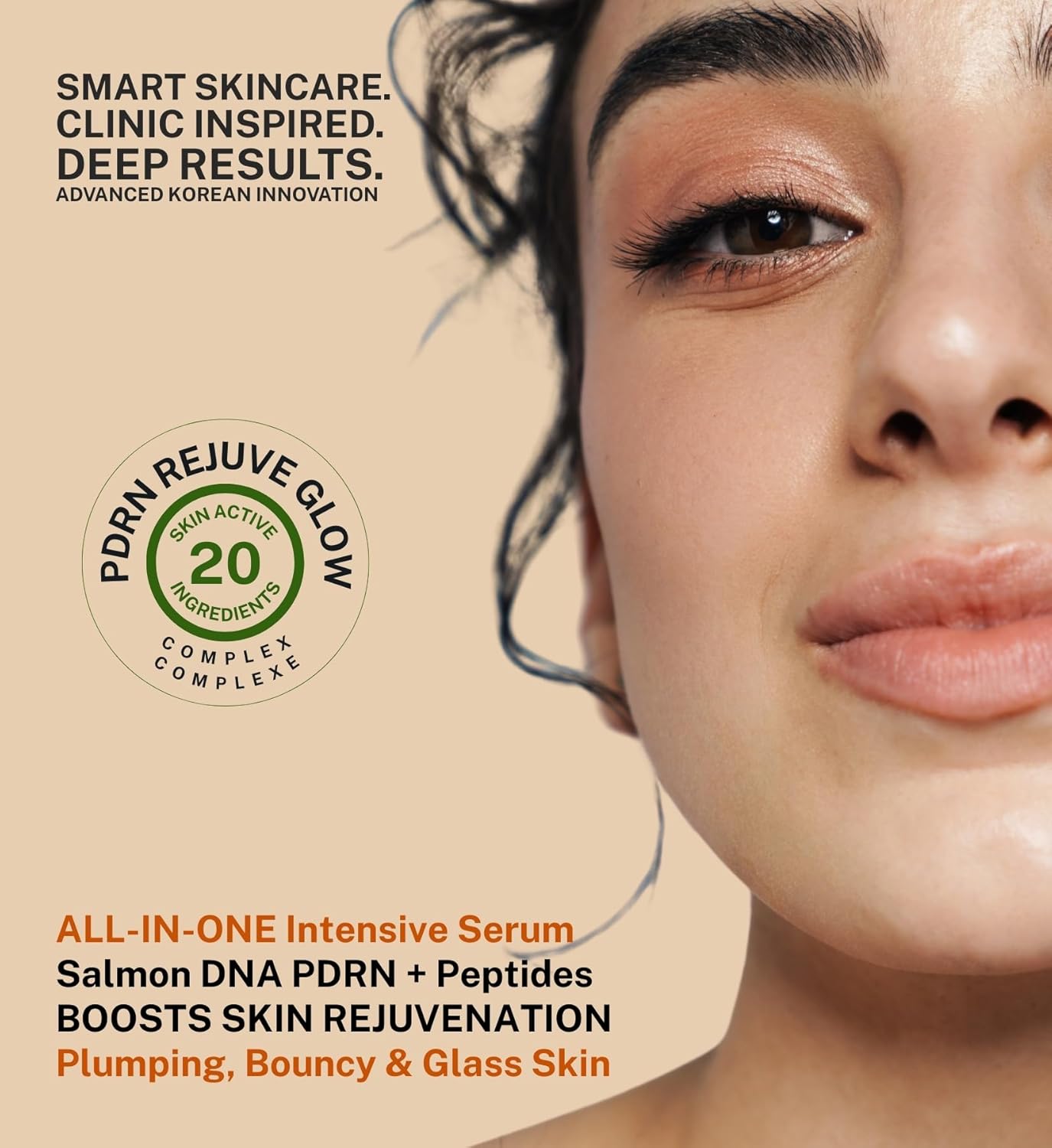 Advertisement for an all-in-one intensive serum with a close-up of a woman's face and product packaging.
