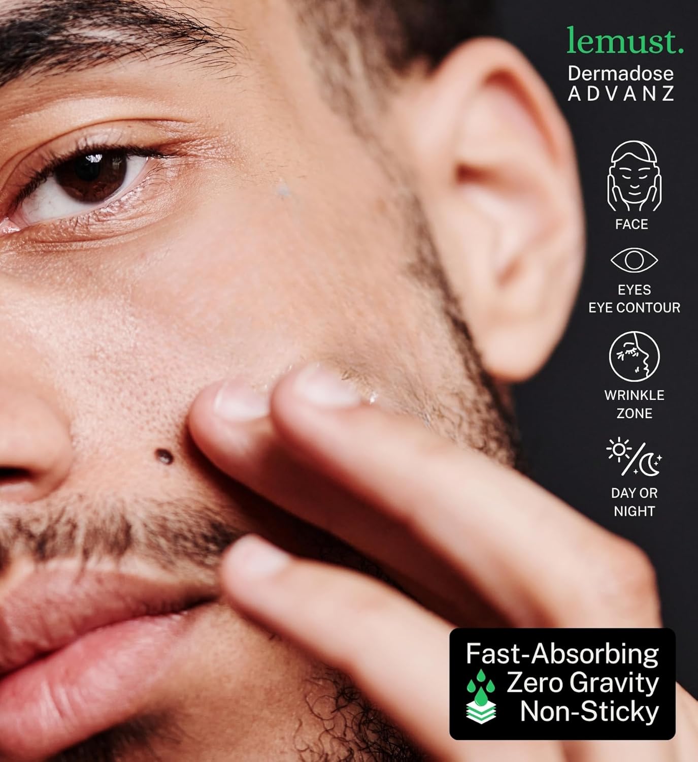 Close-up of a man applying skincare product to his face with lemust Dermatose ADVANZ branding.