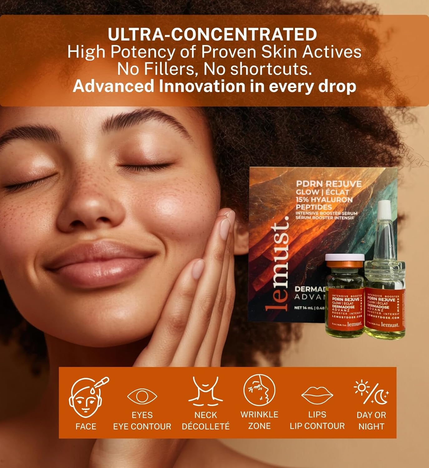 Advertisement for lemust skincare products with a woman's face and product packaging.