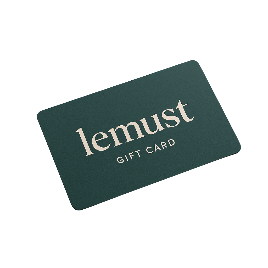 Green gift card with 'lemust' branding on a white background