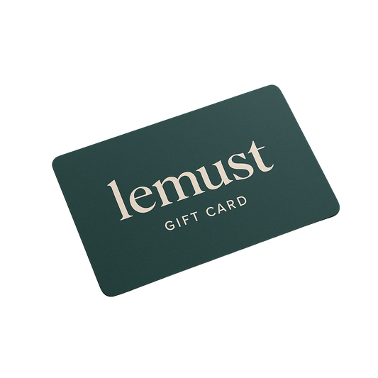 Green gift card with 'lemust' branding on a white background